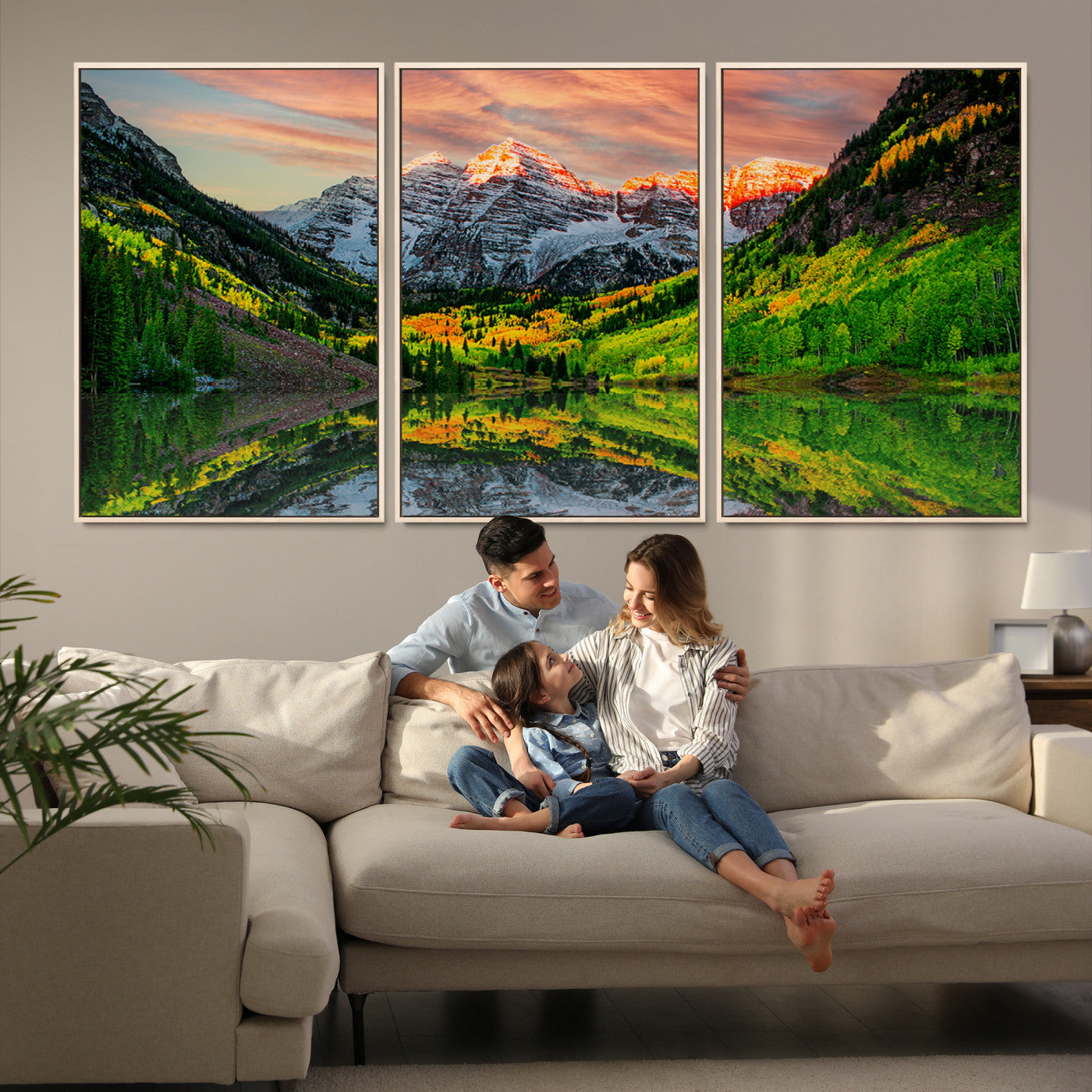 59533484-MGV-FC-60X30-3P_Natural-Maroon Bells Lake Wall Art Canvas Print – Majestic Colorado Mountain Landscape, Autumn Reflection, Multi-Panel Framed Artwork for Home,