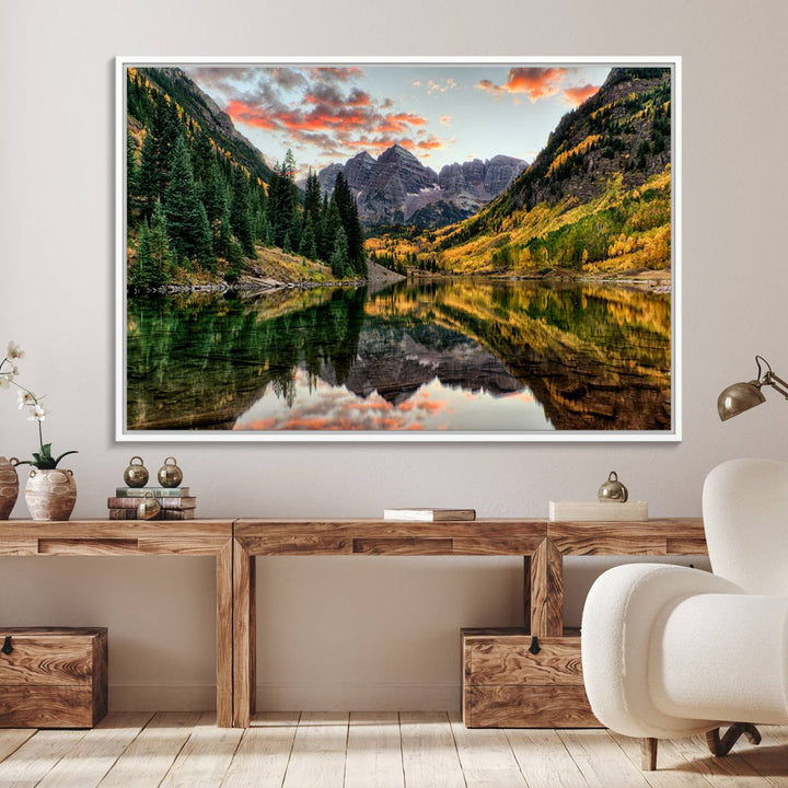 14376-MGV-FC-36X24_White-Maroon Bells Wall Art - Scenic Canvas Print of Maroon Bells in Autumn for Elegant Home or Office Decor