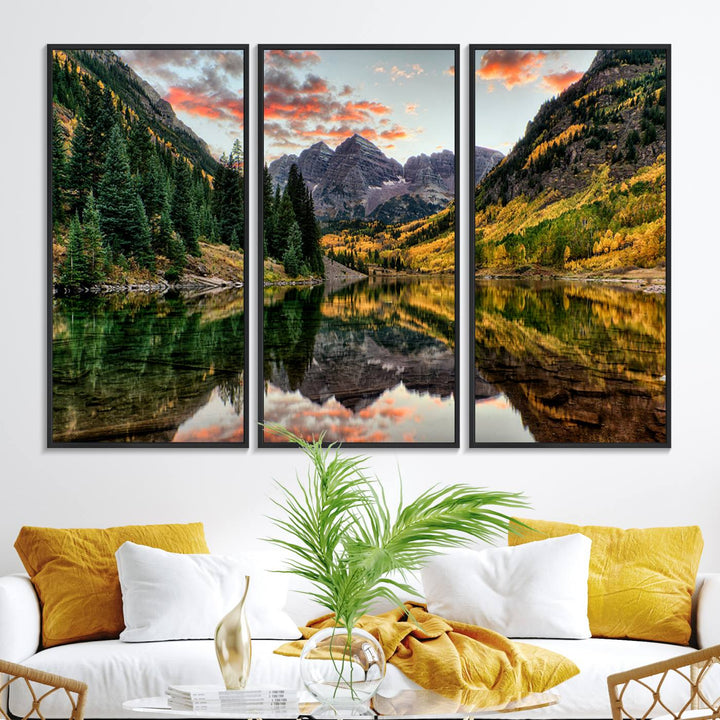 14376-MGV-FC-48X32-3P_Black-Maroon Bells Wall Art - Scenic Canvas Print of Maroon Bells in Autumn for Elegant Home or Office Decor