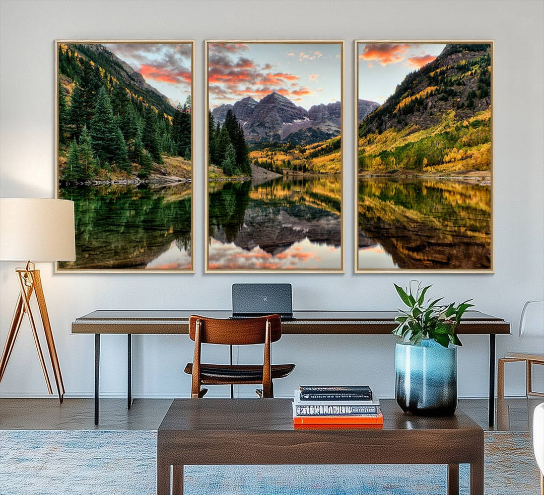14376-MGV-FC-48X32-3P_Natural-Maroon Bells Wall Art - Scenic Canvas Print of Maroon Bells in Autumn for Elegant Home or Office Decor
