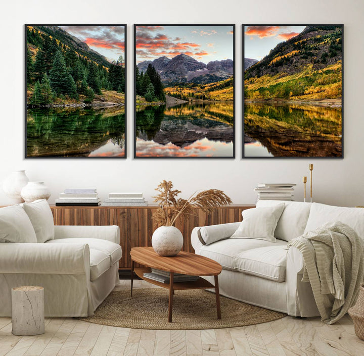 14376-MGV-FC-60X30-3P_Black-Maroon Bells Wall Art - Scenic Canvas Print of Maroon Bells in Autumn for Elegant Home or Office Decor