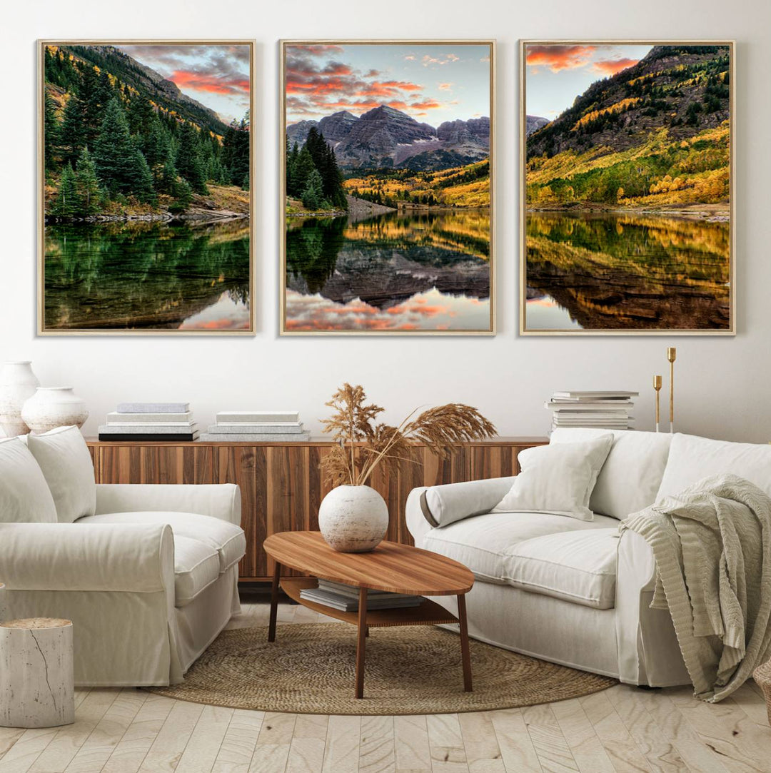 14376-MGV-FC-60X30-3P_Natural-Maroon Bells Wall Art - Scenic Canvas Print of Maroon Bells in Autumn for Elegant Home or Office Decor