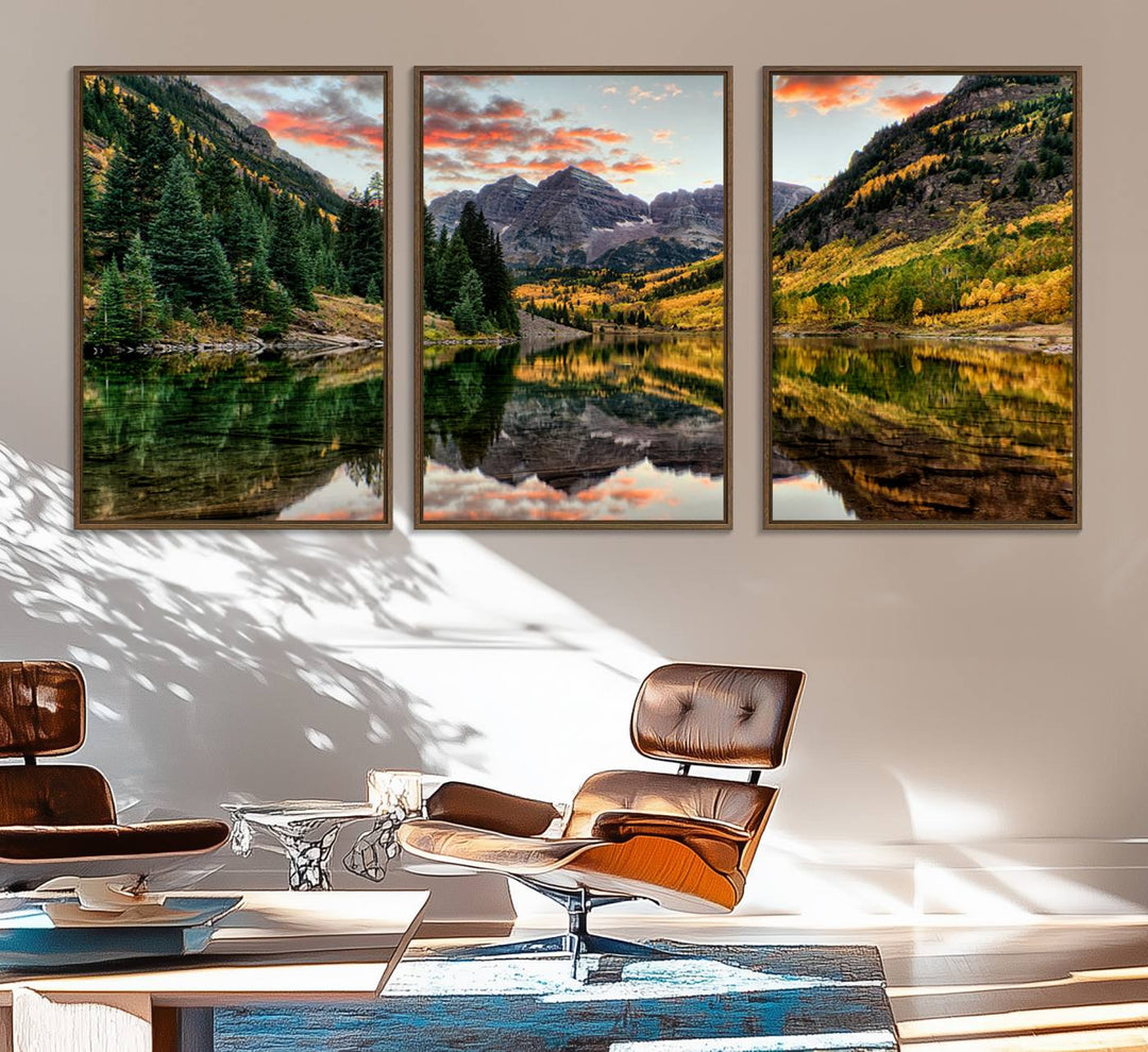 14376-MGV-FC-60X30-3P_Walnut-Maroon Bells Wall Art - Scenic Canvas Print of Maroon Bells in Autumn for Elegant Home or Office Decor