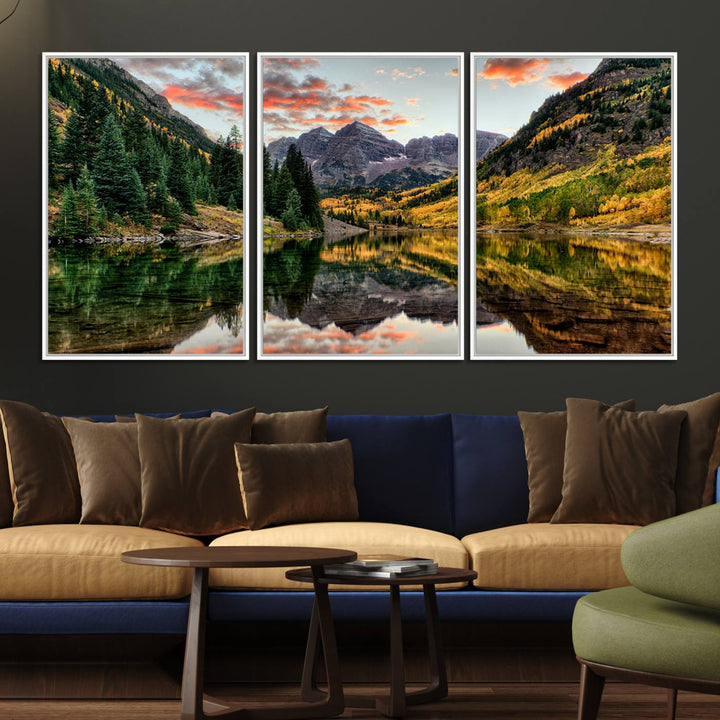 14376-MGV-FC-60X30-3P_White-Maroon Bells Wall Art - Scenic Canvas Print of Maroon Bells in Autumn for Elegant Home or Office Decor