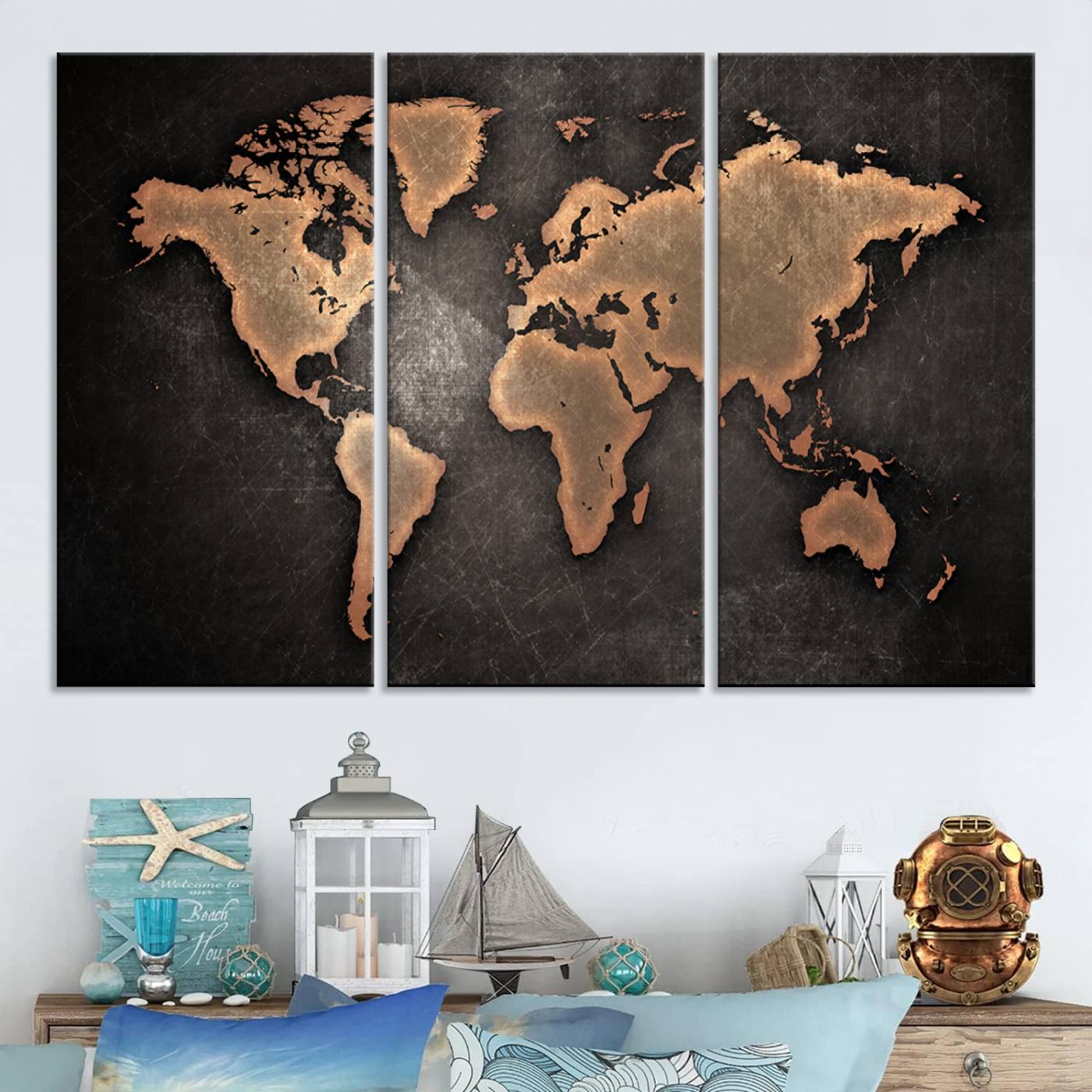 33739-MGV-CV-48X32-3P-Maroon World Map Wall Art Canvas Print
