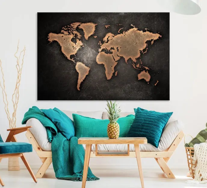 The Maroon World Map Wall Art Canvas Print, comprising three panels, showcases a golden world map on a dark background. Crafted on museum-quality canvas with a UV-protective coating, it arrives ready to hang and adds an elegant touch to any space.