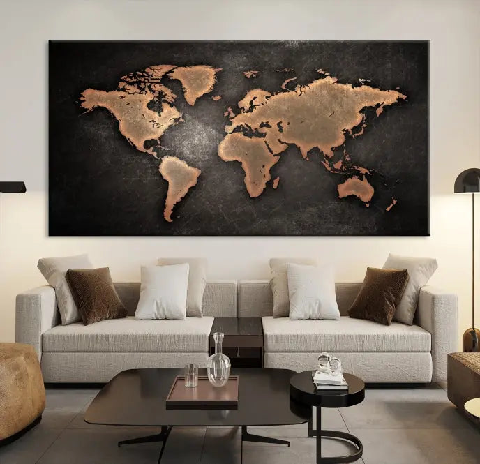 The Maroon World Map Wall Art Canvas Print, comprising three panels, showcases a golden world map on a dark background. Crafted on museum-quality canvas with a UV-protective coating, it arrives ready to hang and adds an elegant touch to any space.