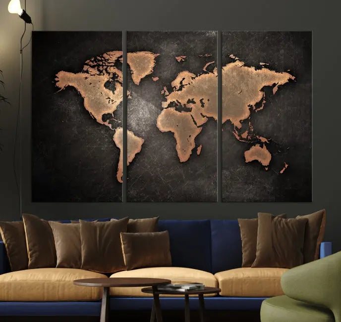 The Maroon World Map Wall Art Canvas Print, comprising three panels, showcases a golden world map on a dark background. Crafted on museum-quality canvas with a UV-protective coating, it arrives ready to hang and adds an elegant touch to any space.