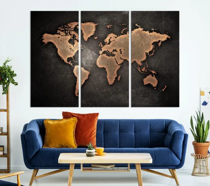 The Maroon World Map Wall Art Canvas Print, comprising three panels, showcases a golden world map on a dark background. Crafted on museum-quality canvas with a UV-protective coating, it arrives ready to hang and adds an elegant touch to any space.