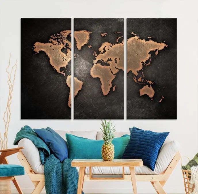 The Maroon World Map Wall Art Canvas Print, comprising three panels, showcases a golden world map on a dark background. Crafted on museum-quality canvas with a UV-protective coating, it arrives ready to hang and adds an elegant touch to any space.