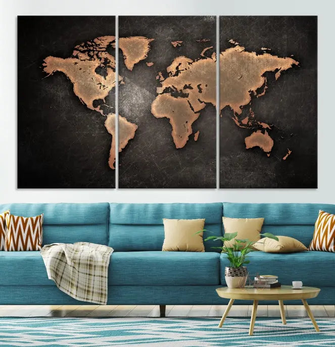 The Maroon World Map Wall Art Canvas Print, comprising three panels, showcases a golden world map on a dark background. Crafted on museum-quality canvas with a UV-protective coating, it arrives ready to hang and adds an elegant touch to any space.