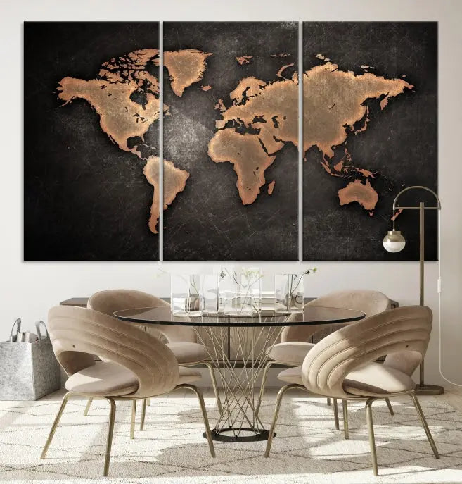 The Maroon World Map Wall Art Canvas Print, comprising three panels, showcases a golden world map on a dark background. Crafted on museum-quality canvas with a UV-protective coating, it arrives ready to hang and adds an elegant touch to any space.