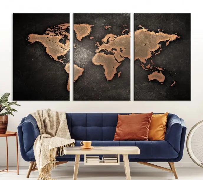 The Maroon World Map Wall Art Canvas Print, comprising three panels, showcases a golden world map on a dark background. Crafted on museum-quality canvas with a UV-protective coating, it arrives ready to hang and adds an elegant touch to any space.