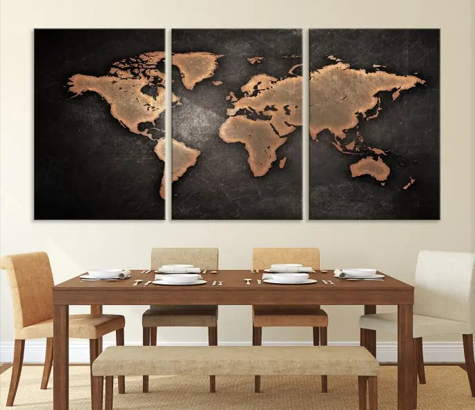 The Maroon World Map Wall Art Canvas Print, comprising three panels, showcases a golden world map on a dark background. Crafted on museum-quality canvas with a UV-protective coating, it arrives ready to hang and adds an elegant touch to any space.