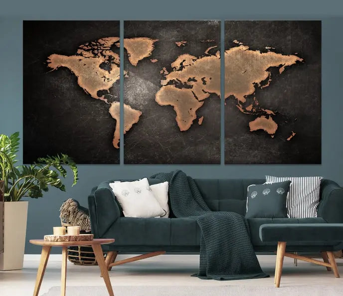 The Maroon World Map Wall Art Canvas Print, comprising three panels, showcases a golden world map on a dark background. Crafted on museum-quality canvas with a UV-protective coating, it arrives ready to hang and adds an elegant touch to any space.