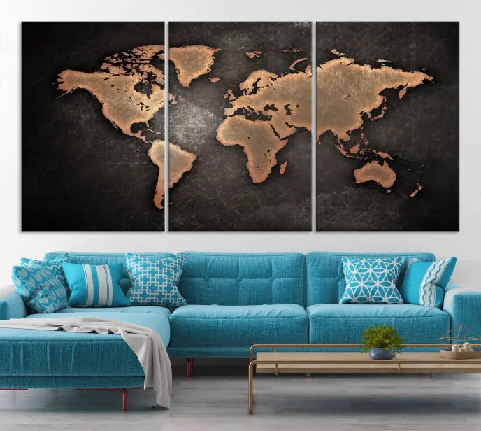 The Maroon World Map Wall Art Canvas Print, comprising three panels, showcases a golden world map on a dark background. Crafted on museum-quality canvas with a UV-protective coating, it arrives ready to hang and adds an elegant touch to any space.