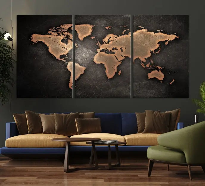 The Maroon World Map Wall Art Canvas Print, comprising three panels, showcases a golden world map on a dark background. Crafted on museum-quality canvas with a UV-protective coating, it arrives ready to hang and adds an elegant touch to any space.