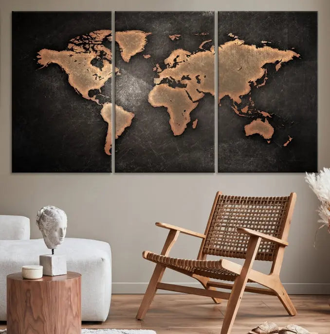 The Maroon World Map Wall Art Canvas Print, comprising three panels, showcases a golden world map on a dark background. Crafted on museum-quality canvas with a UV-protective coating, it arrives ready to hang and adds an elegant touch to any space.