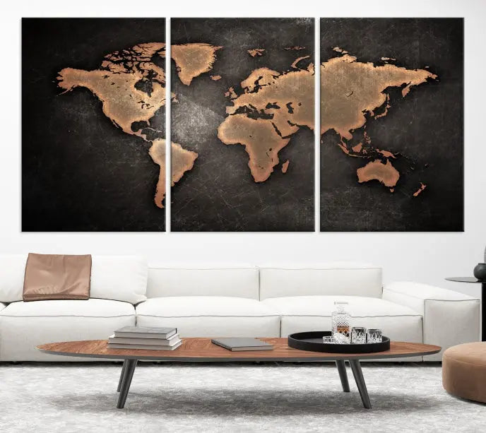 The Maroon World Map Wall Art Canvas Print, comprising three panels, showcases a golden world map on a dark background. Crafted on museum-quality canvas with a UV-protective coating, it arrives ready to hang and adds an elegant touch to any space.