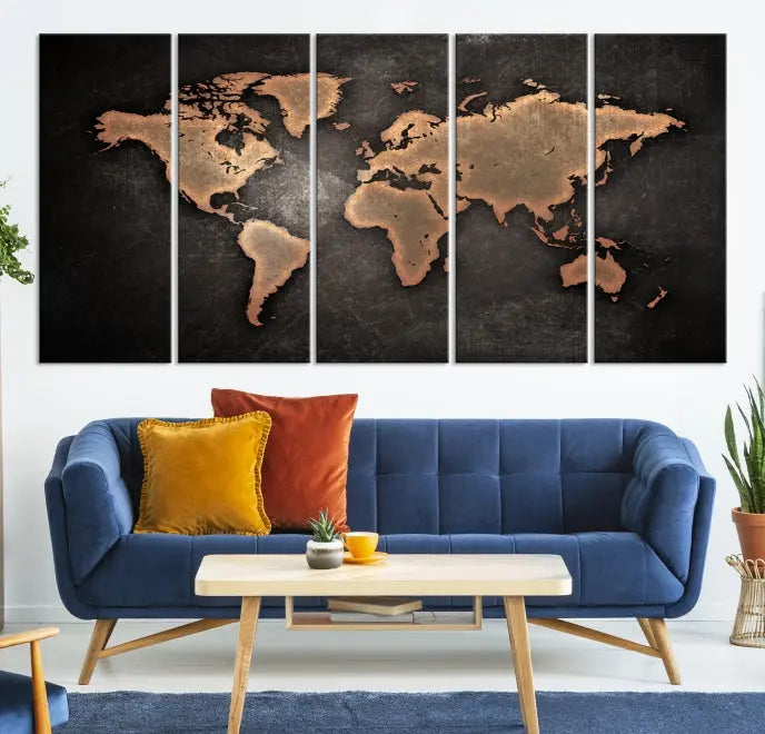 The Maroon World Map Wall Art Canvas Print, comprising three panels, showcases a golden world map on a dark background. Crafted on museum-quality canvas with a UV-protective coating, it arrives ready to hang and adds an elegant touch to any space.