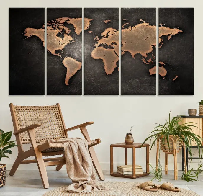 The Maroon World Map Wall Art Canvas Print, comprising three panels, showcases a golden world map on a dark background. Crafted on museum-quality canvas with a UV-protective coating, it arrives ready to hang and adds an elegant touch to any space.