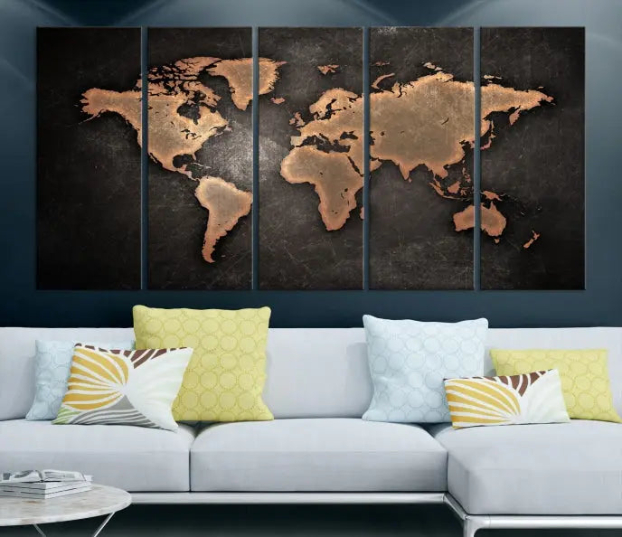 The Maroon World Map Wall Art Canvas Print, comprising three panels, showcases a golden world map on a dark background. Crafted on museum-quality canvas with a UV-protective coating, it arrives ready to hang and adds an elegant touch to any space.