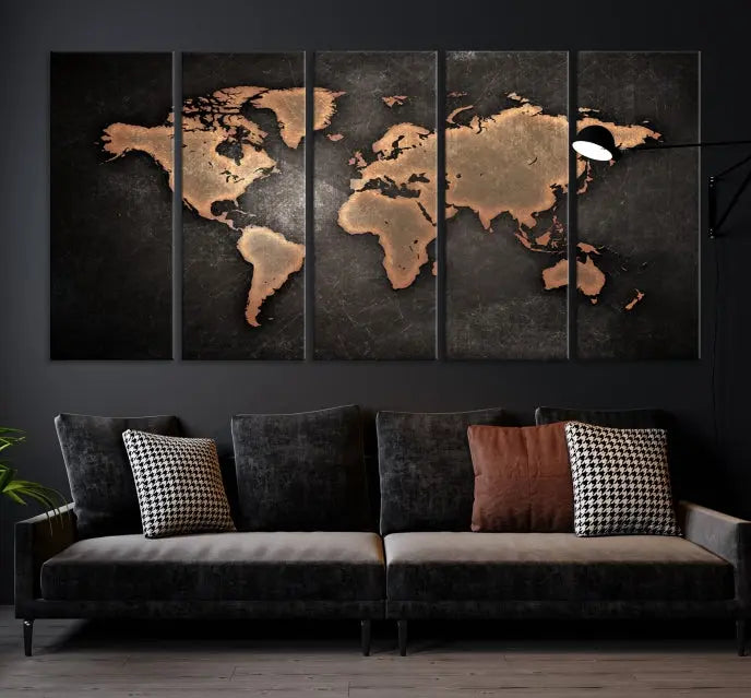 The Maroon World Map Wall Art Canvas Print, comprising three panels, showcases a golden world map on a dark background. Crafted on museum-quality canvas with a UV-protective coating, it arrives ready to hang and adds an elegant touch to any space.