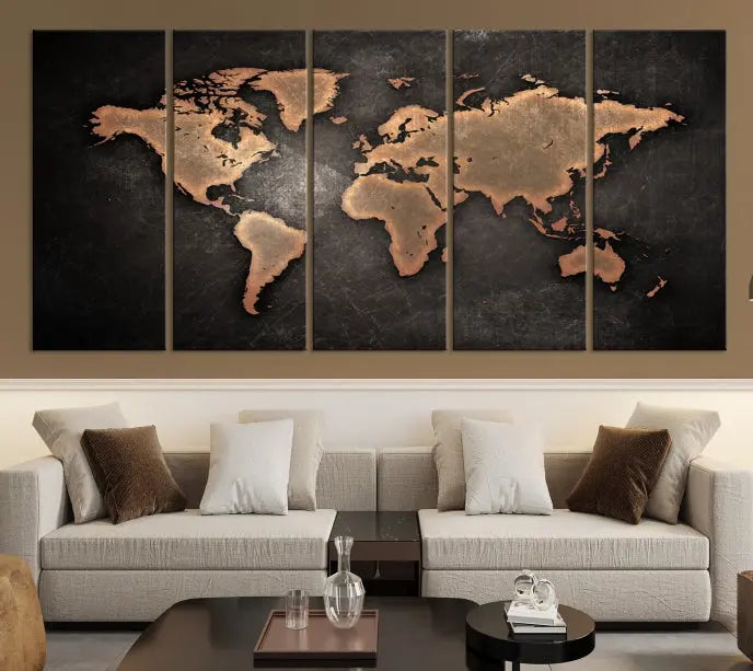 The Maroon World Map Wall Art Canvas Print, comprising three panels, showcases a golden world map on a dark background. Crafted on museum-quality canvas with a UV-protective coating, it arrives ready to hang and adds an elegant touch to any space.