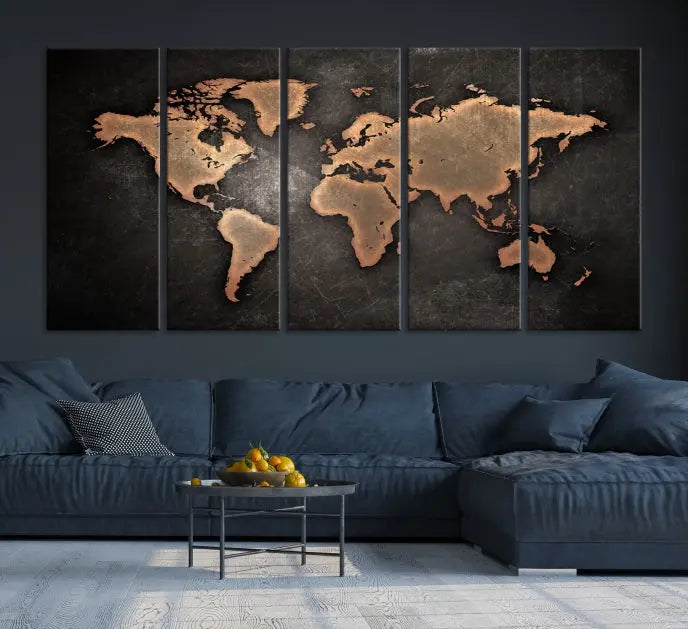 The Maroon World Map Wall Art Canvas Print, comprising three panels, showcases a golden world map on a dark background. Crafted on museum-quality canvas with a UV-protective coating, it arrives ready to hang and adds an elegant touch to any space.