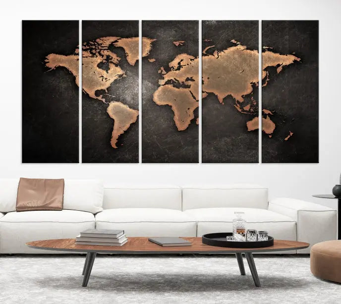 The Maroon World Map Wall Art Canvas Print, comprising three panels, showcases a golden world map on a dark background. Crafted on museum-quality canvas with a UV-protective coating, it arrives ready to hang and adds an elegant touch to any space.