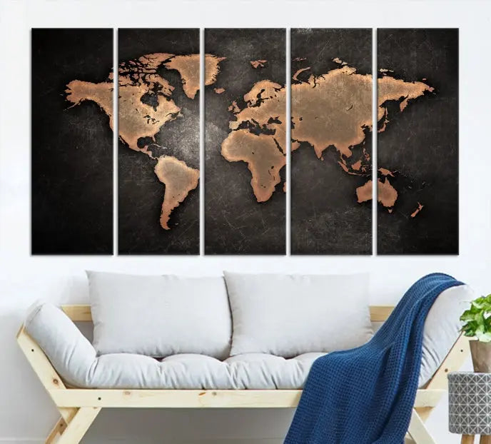 The Maroon World Map Wall Art Canvas Print, comprising three panels, showcases a golden world map on a dark background. Crafted on museum-quality canvas with a UV-protective coating, it arrives ready to hang and adds an elegant touch to any space.