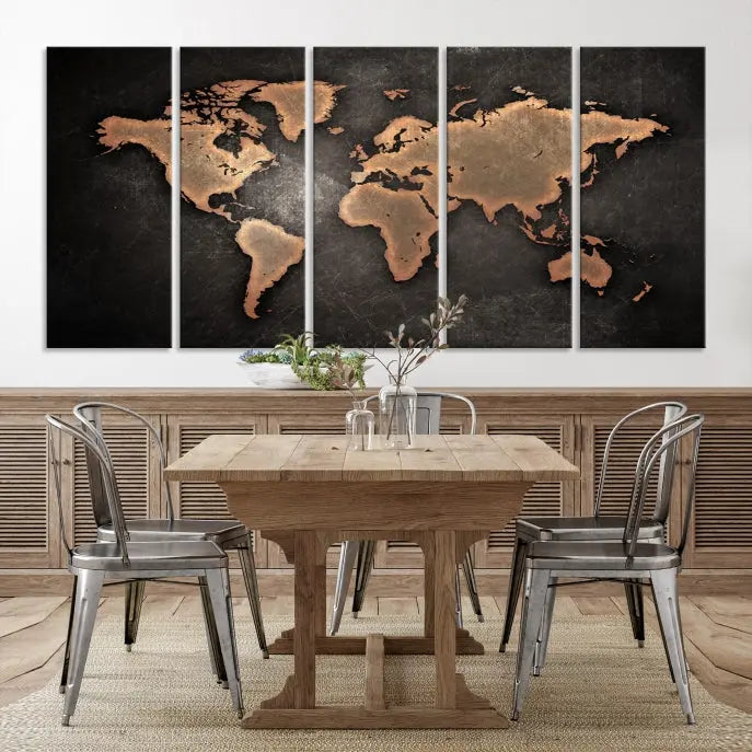 The Maroon World Map Wall Art Canvas Print, comprising three panels, showcases a golden world map on a dark background. Crafted on museum-quality canvas with a UV-protective coating, it arrives ready to hang and adds an elegant touch to any space.