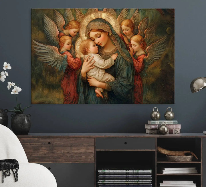 The Mary Jesus Canvas Wall Art Print features a tender depiction of the Madonna and Child surrounded by angels in warm, earthy tones. This classic Christian artwork is perfect for prayer or church decor.