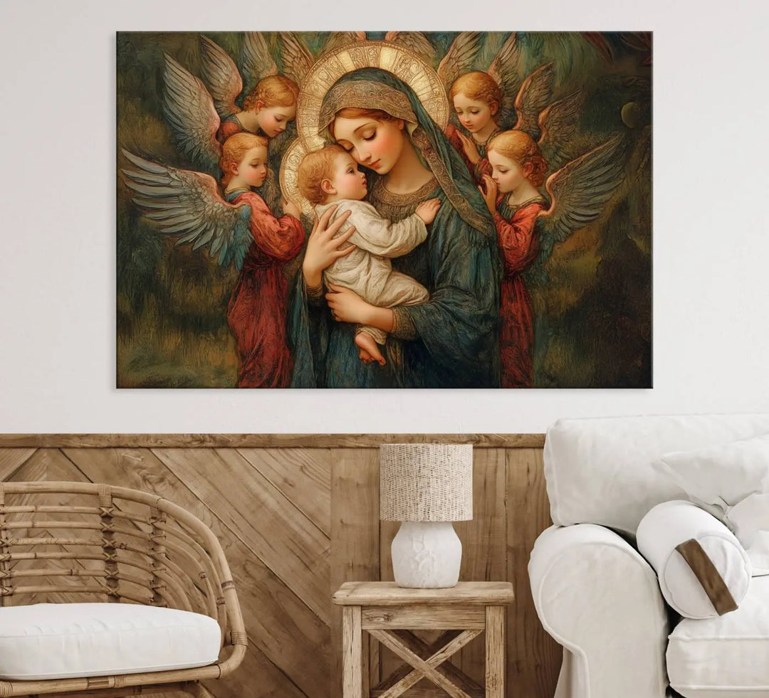 The Mary Jesus Canvas Wall Art Print features a tender depiction of the Madonna and Child surrounded by angels in warm, earthy tones. This classic Christian artwork is perfect for prayer or church decor.