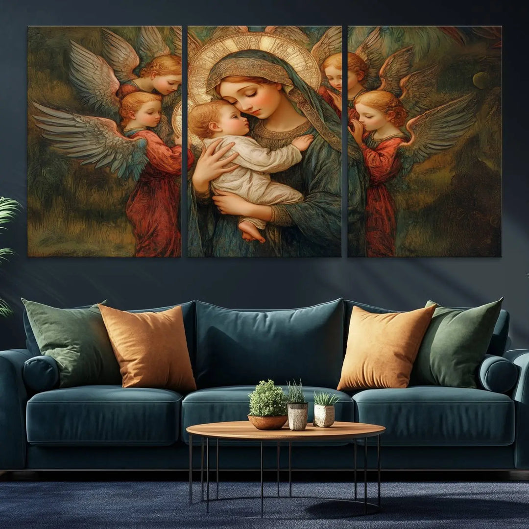 The Mary Jesus Canvas Wall Art Print features a tender depiction of the Madonna and Child surrounded by angels in warm, earthy tones. This classic Christian artwork is perfect for prayer or church decor.