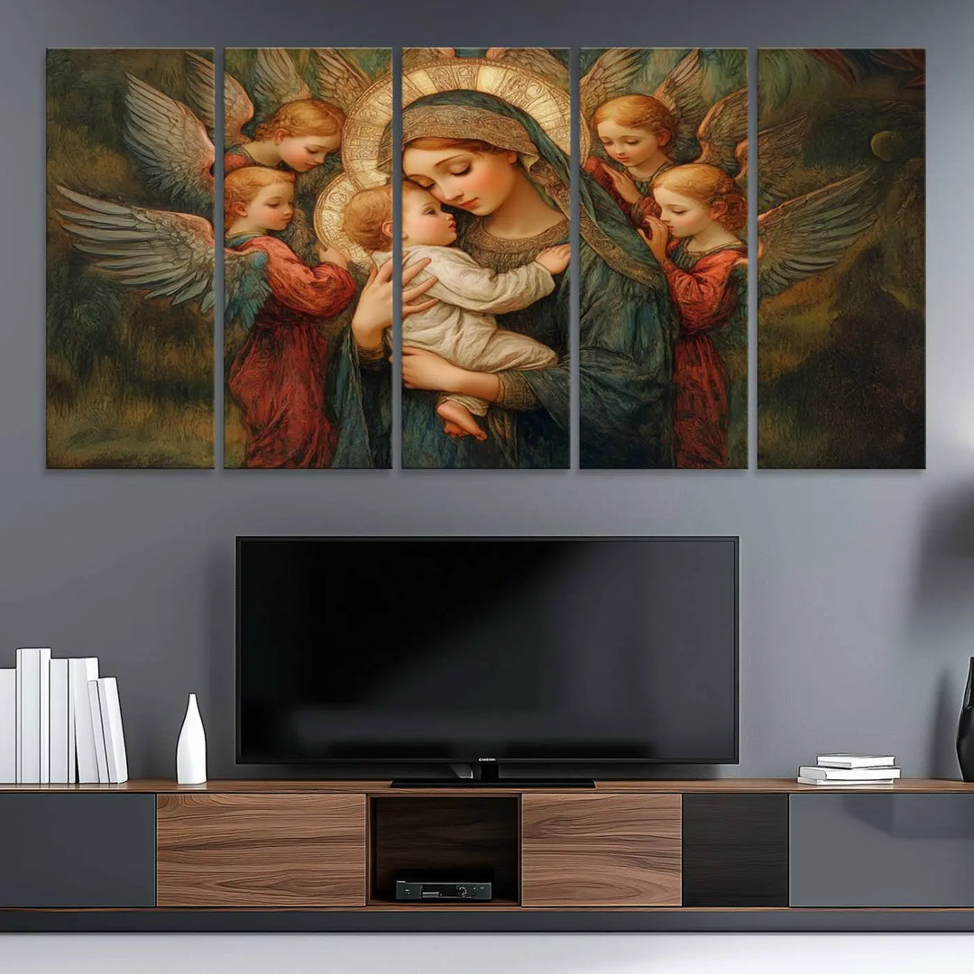 The Mary Jesus Canvas Wall Art Print features a tender depiction of the Madonna and Child surrounded by angels in warm, earthy tones. This classic Christian artwork is perfect for prayer or church decor.