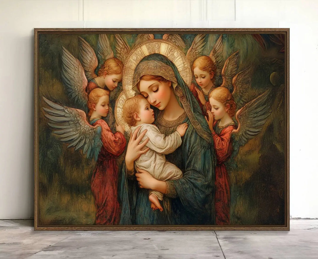 The Mary Jesus Canvas Wall Art Print features a tender depiction of the Madonna and Child surrounded by angels in warm, earthy tones. This classic Christian artwork is perfect for prayer or church decor.