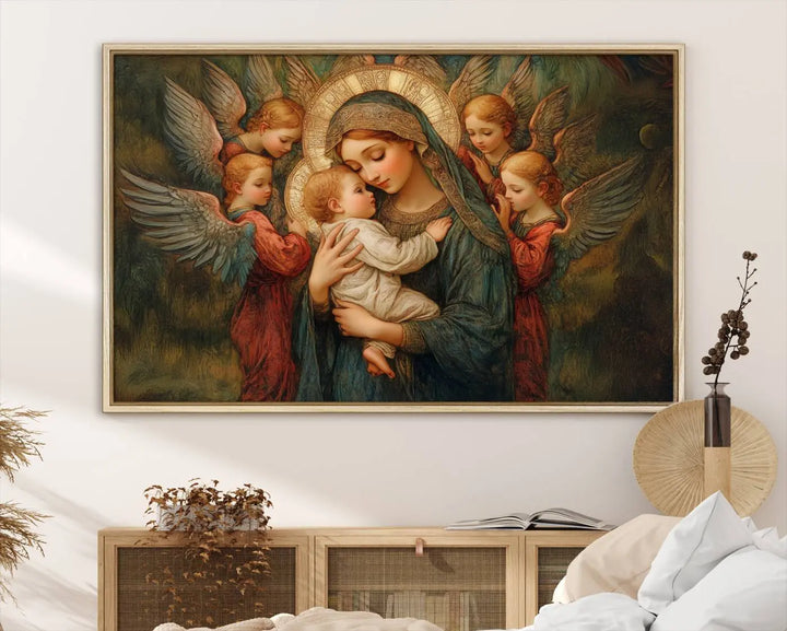 The Mary Jesus Canvas Wall Art Print features a tender depiction of the Madonna and Child surrounded by angels in warm, earthy tones. This classic Christian artwork is perfect for prayer or church decor.