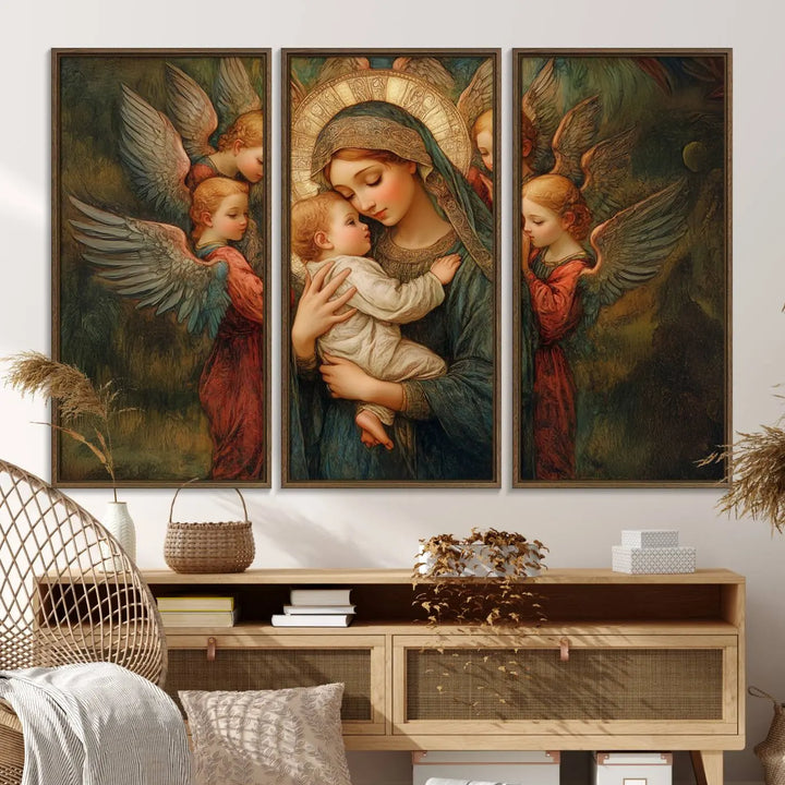 The Mary Jesus Canvas Wall Art Print features a tender depiction of the Madonna and Child surrounded by angels in warm, earthy tones. This classic Christian artwork is perfect for prayer or church decor.