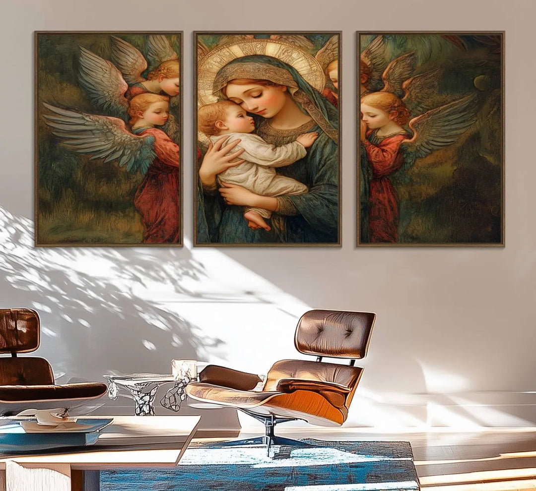 The Mary Jesus Canvas Wall Art Print features a tender depiction of the Madonna and Child surrounded by angels in warm, earthy tones. This classic Christian artwork is perfect for prayer or church decor.