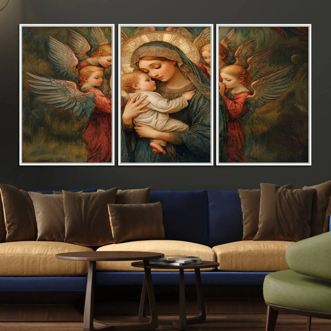 The Mary Jesus Canvas Wall Art Print features a tender depiction of the Madonna and Child surrounded by angels in warm, earthy tones. This classic Christian artwork is perfect for prayer or church decor.