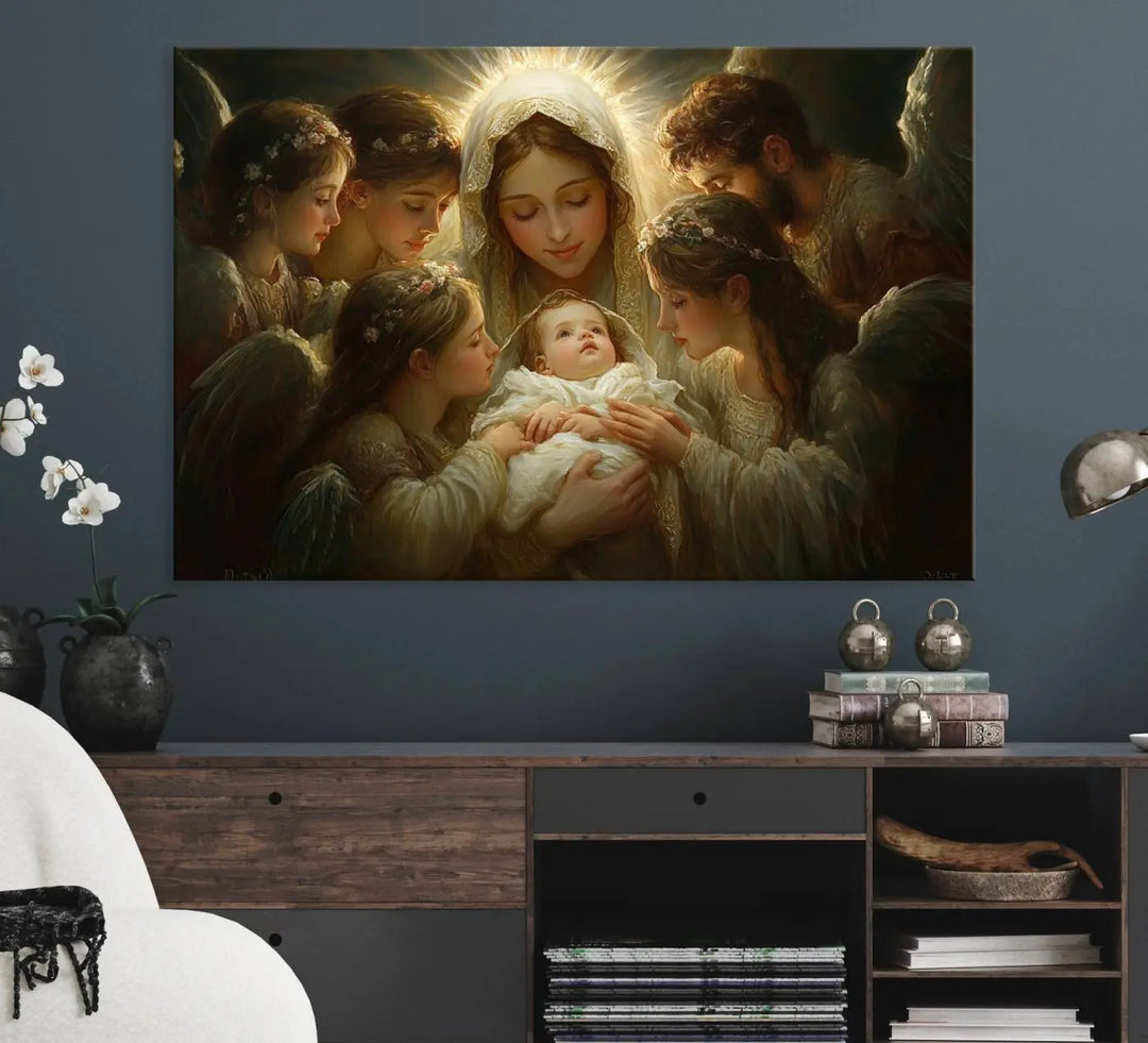 A tranquil Mary Jesus Canvas Wall Art Print featuring Madonna and Child with apostles enhances a dark wall.