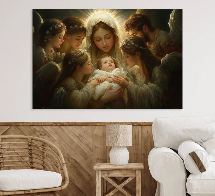 A tranquil Mary Jesus Canvas Wall Art Print featuring Madonna and Child with apostles enhances a dark wall.