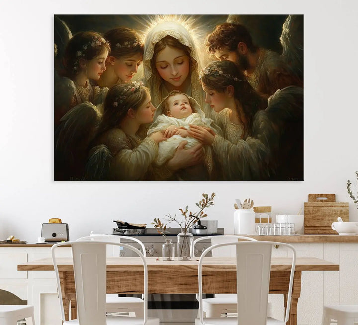 A tranquil Mary Jesus Canvas Wall Art Print featuring Madonna and Child with apostles enhances a dark wall.