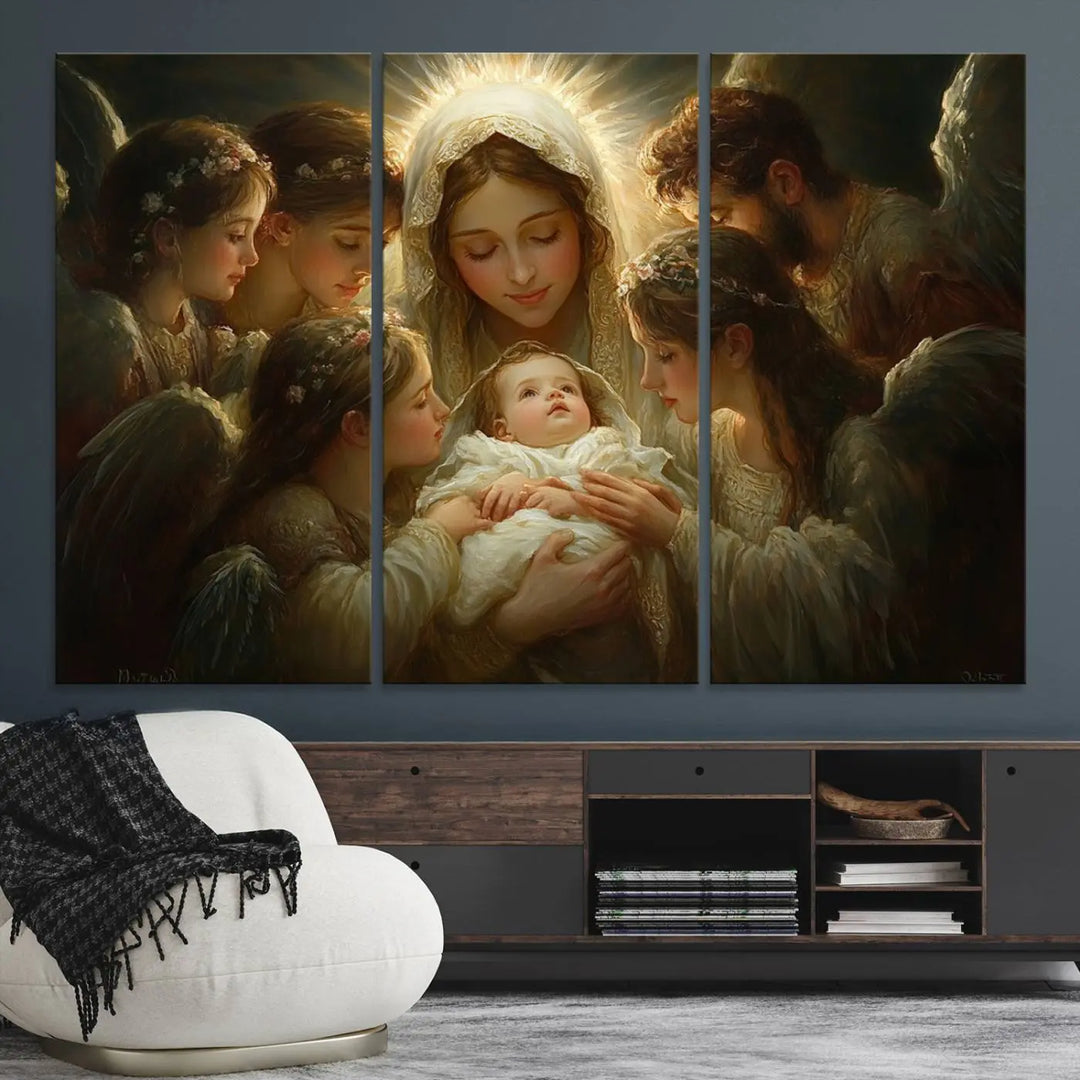 A tranquil Mary Jesus Canvas Wall Art Print featuring Madonna and Child with apostles enhances a dark wall.