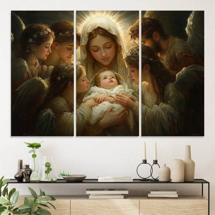 A tranquil Mary Jesus Canvas Wall Art Print featuring Madonna and Child with apostles enhances a dark wall.