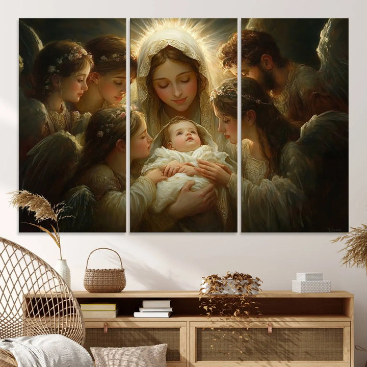 A tranquil Mary Jesus Canvas Wall Art Print featuring Madonna and Child with apostles enhances a dark wall.