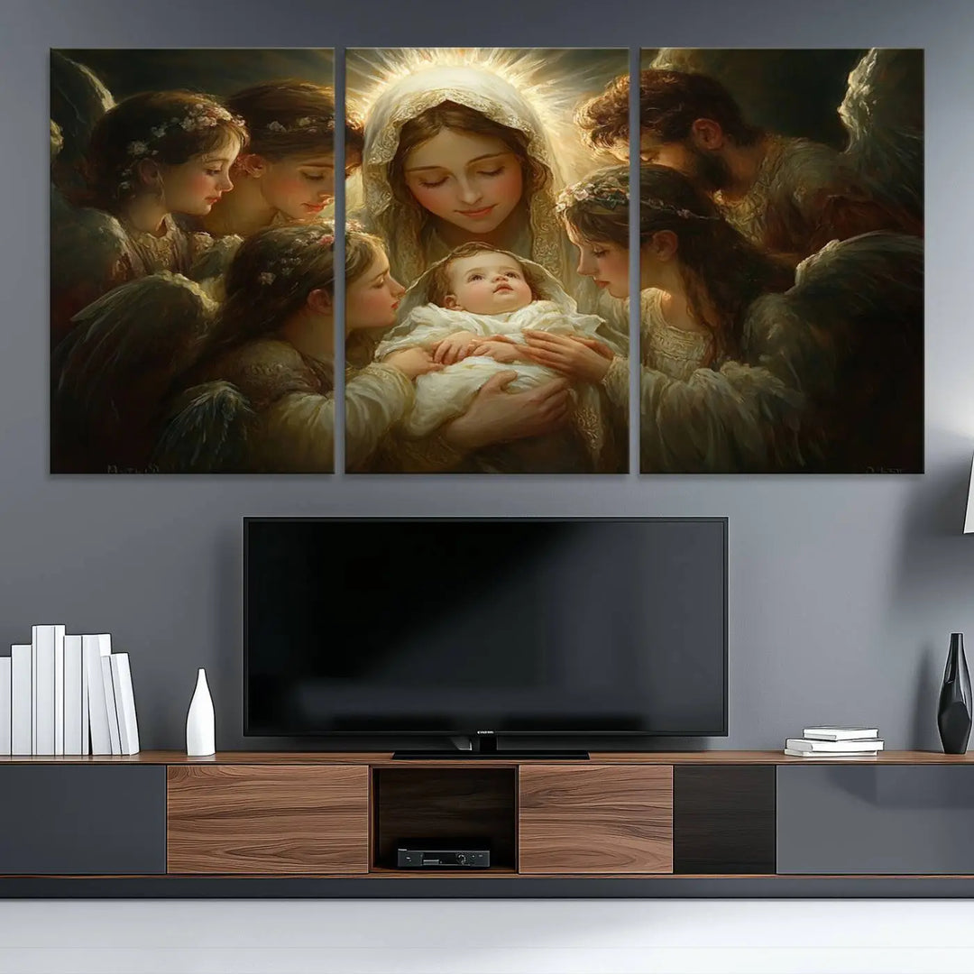 A tranquil Mary Jesus Canvas Wall Art Print featuring Madonna and Child with apostles enhances a dark wall.