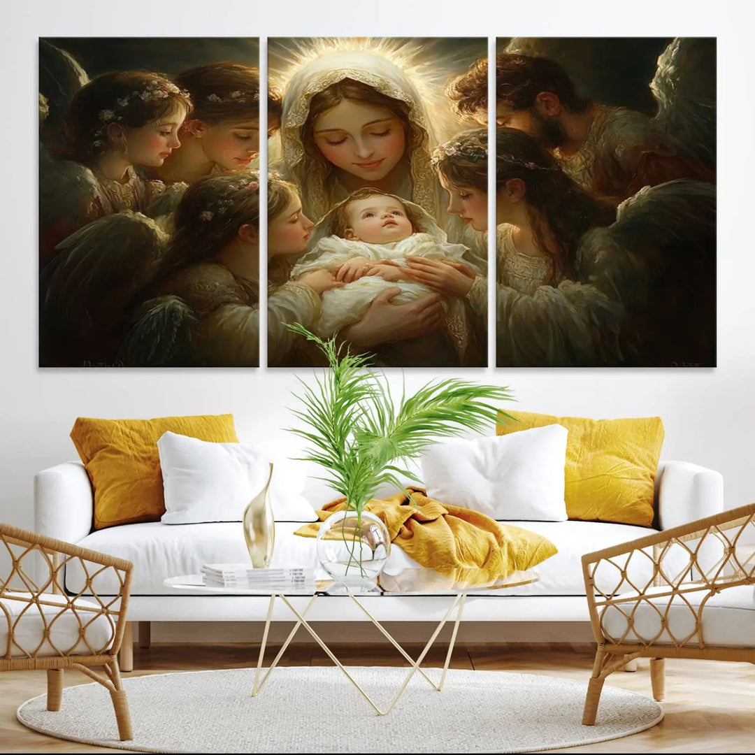 A tranquil Mary Jesus Canvas Wall Art Print featuring Madonna and Child with apostles enhances a dark wall.