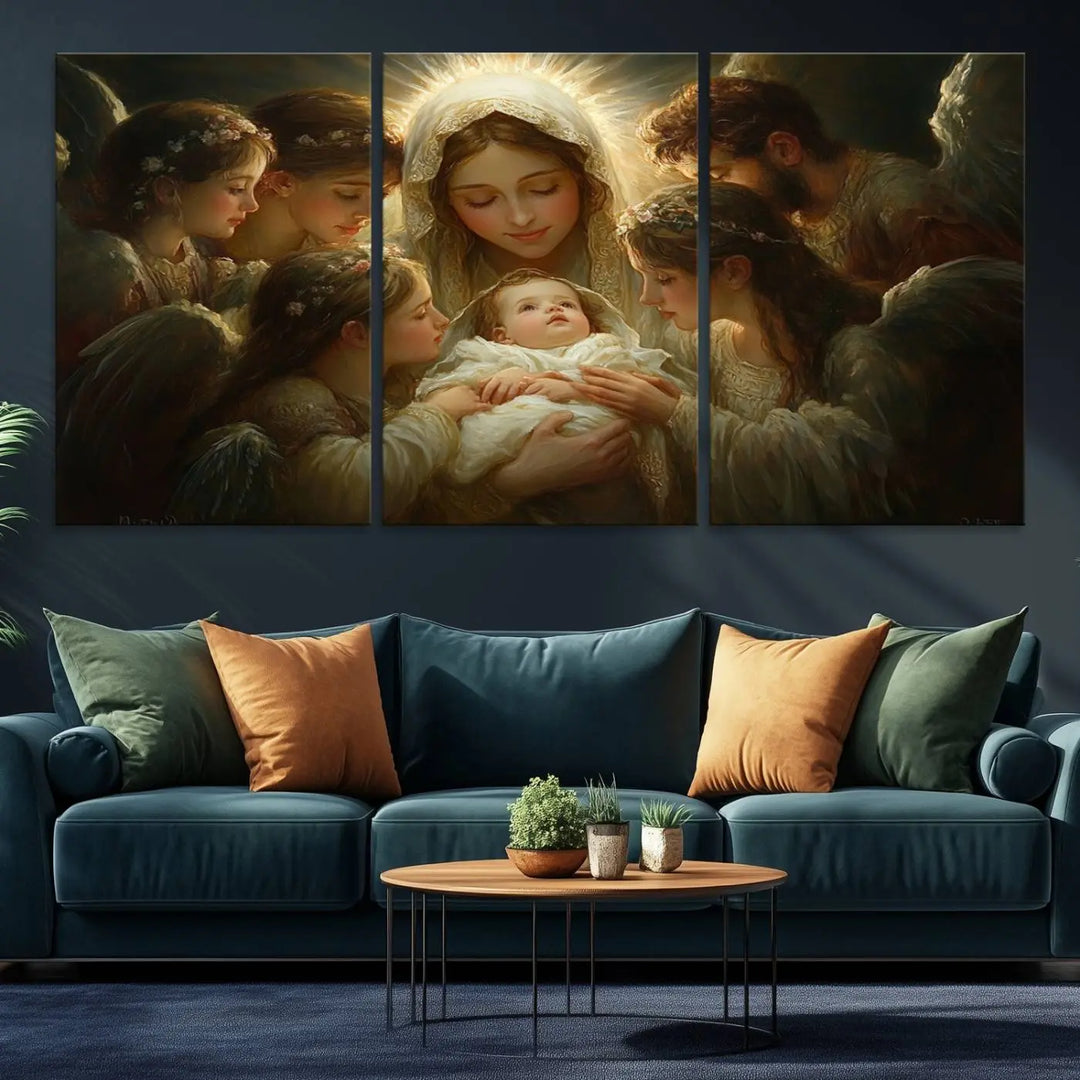 A tranquil Mary Jesus Canvas Wall Art Print featuring Madonna and Child with apostles enhances a dark wall.